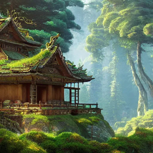 Image similar to A beautiful hyper realistic detailed matte painting of a bonsai tree shaped temple nestled in forest mountains by John Howe and Albert Bierstadt and Alena Aenami and dan mumford and dave noton, unreal engine, trending on behance