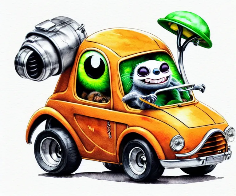 Image similar to cute and funny, lemur wearing a helmet riding in a tiny hot rod with oversized engine, ratfink style by ed roth, centered award winning watercolor pen illustration, isometric illustration by chihiro iwasaki, edited by beeple, tiny details by artgerm, symmetrically isometrically centered