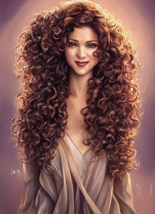 Image similar to beautiful female angel, brunette with big smile and curly hairstyle, looks like Ebru Şahin, Reyyan, looks like Fabiula Nascimento, looks like Laura Barriales, D&D, fantasy, intricate, elegant, highly detailed, digital painting, artstation, concept art, character design, smooth, sharp focus, illustration, art by artgerm and greg rutkowski and alphonse mucha