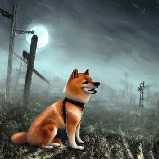 Image similar to photorealistic anthropomorphic shiba inu on hill, wearing cyber robotic black exoskeleton power armor without helmet, holding laser gatling gun, post apocalyptic horror photorealistic foggy graveyard background anthropomorphic shiba inu on hill