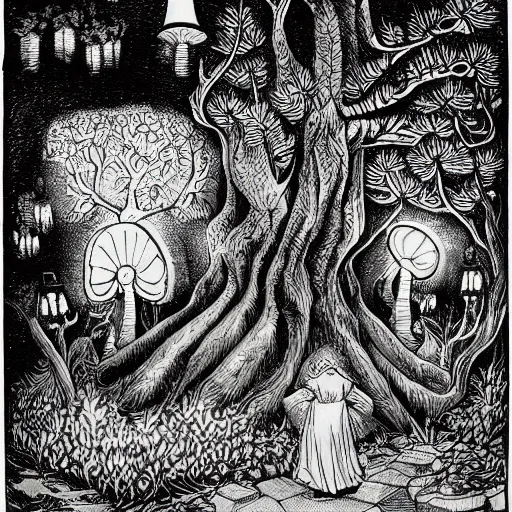 Image similar to 19th century wood-engraving , whole page illustration , art in the style of Terry Moore, a tiny village carved into the side of a tree, inhabited by elves and faeries, the outside lights are bioluminescent mushrooms and fungi intricately detailed
