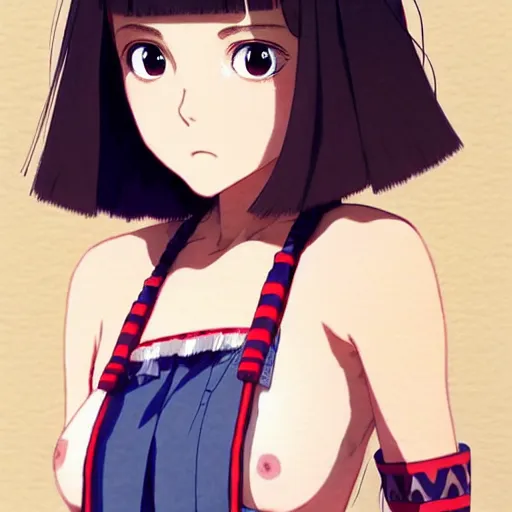 Image similar to a beautiful! boyish! natalie portman alluring gravure! model, wearing japanese school girl outfit with mayan pattern and native style, aztec street fashion, gapmoe yandere grimdark, trending on pixiv fanbox, painted by greg rutkowski makoto shinkai takashi takeuchi studio ghibli, akihiko yoshida