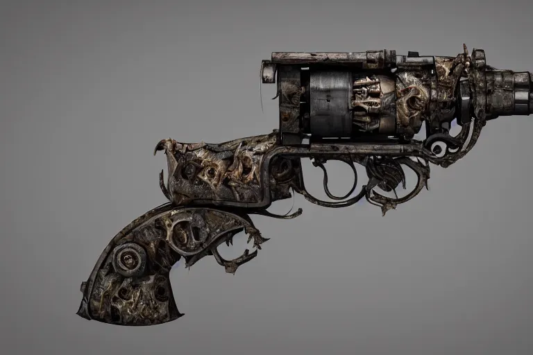 Prompt: a bionical revolver made from the rotten flesh and bones, perfect studio light, hypnotic, mind - bending, incomprehensible, 8 k, 3 0 mm lens, epic studio shot, ultra detailed, object photoshooting, octane render