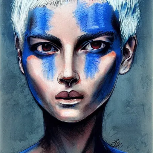 Image similar to intricate portrait, pure skin, short blue hair, enki bilal!