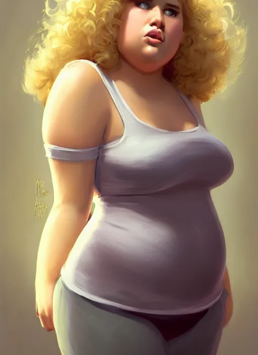 Image similar to full body portrait, teenage betty cooper, blonde hair, obese, bangs, ponytail, sultry, realistic, sultry smirk, fluffy bangs, curly bangs, fat, belly, intricate, elegant, highly detailed, digital painting, artstation, concept art, smooth, sharp focus, illustration, art by wlop, mars ravelo and greg rutkowski