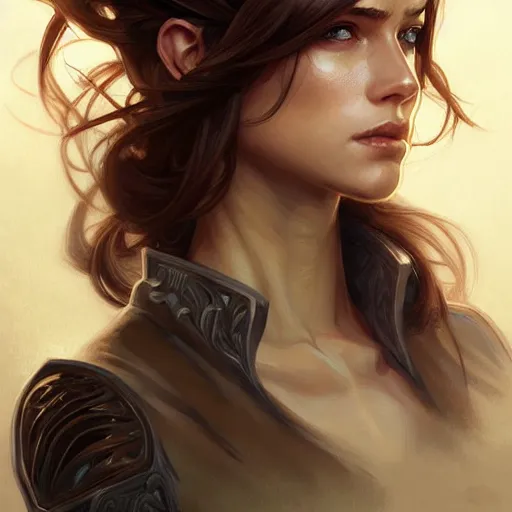 Prompt: Portrait of female ranger, D&D, amber eyes, face, long hair, proportionate body, sassy, angst, fantasy, intricate, elegant, highly detailed, digital painting, artstation, concept art, smooth, sharp focus, illustration, art by artgerm and greg rutkowski and alphonse mucha