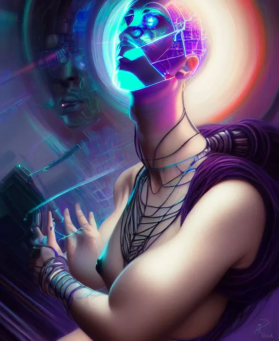 Image similar to a whirlwind of souls rushing inside the metaverse, hologram, half body, neurochip, shaved temple, piercing, jewelry, android, cyborg, cyberpunk face, by loish, d & d, fantasy, intricate, elegant, highly detailed, colorful, digital painting, artstation, concept art, art by artgerm and greg rutkowski and alphonse mucha