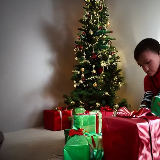 Image similar to a kid at christmas disappointed and sad that his present was a giant moai statue | inside of a house next to a christmas tree