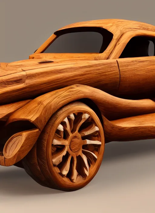 Image similar to a wood carved fancy car on a forest, art style by pixar dreamworks warner bros disney riot games arcane and overwatch, au naturel, hyper detailed, digital art, trending in artstation, cinematic lighting, studio quality, smooth render, unreal engine 5 rendered, octane rendered