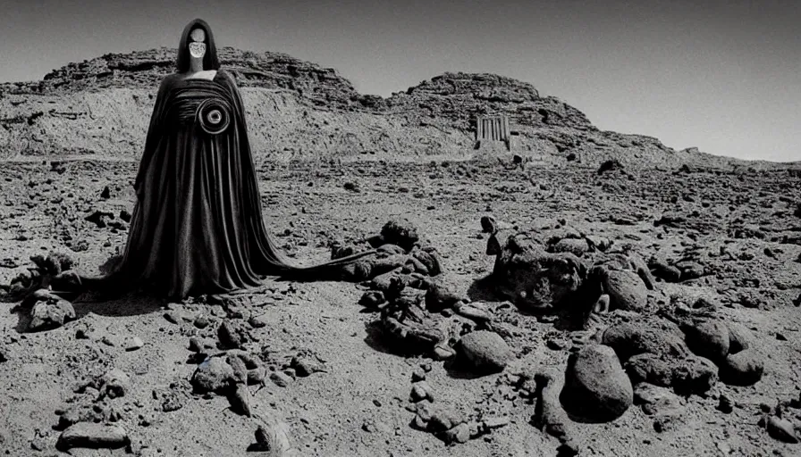 Image similar to levitating bene gesserit with full - face golden mask in a dry rocky desert landscape, alien city ruins designed by giger, giant abandoned alien city by alejandro jodorowsky, anamorphic lens, kodakchrome, practical effects, masterpiece, 8 k