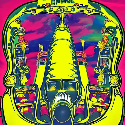 Image similar to yellow submarine mondo art, high quality, striking, psychedelic