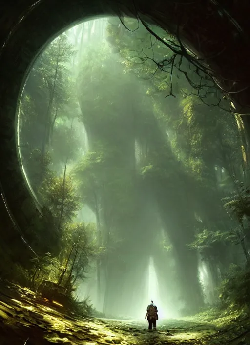 Image similar to a man standing in a tunnel in the middle of a forest, a matte painting by stephan martiniere, featured on cgsociety, fantasy art, matte painting, unreal engine 5, tesseract