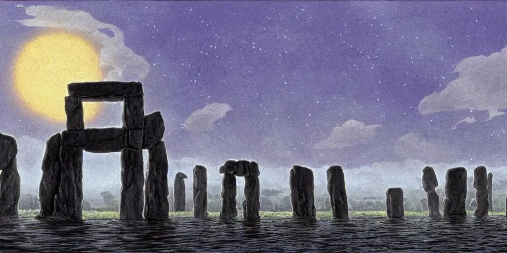 Image similar to a realistic cell - shaded concept art from howl's moving castle ( 2 0 0 4 ) of a huge cube from close encounters of the third kind ( 1 9 7 7 ) hovering over a flooded stonehenge. it is a misty starry night. very dull colors, hd, 4 k, hq