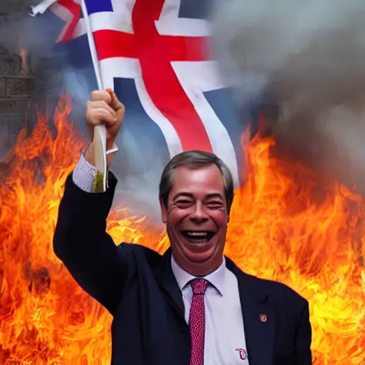 Image similar to nigel farage laughing holding burning eu flag, photograph, hd