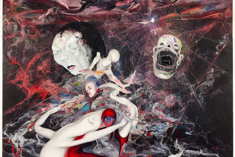 Image similar to The physical impossibility of death, in a brutalist architecture space ship, gothic, rich deep colours, creepy, diabolical, dark, mystical, intrincate, maximalism, painted by Francis bacon, Adrian ghenie, James jean and Petra cortright part by Gerhard Richter, part by Takato Yamamoto. 8k masterpiece