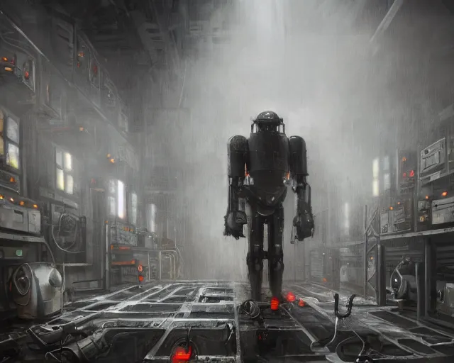 Image similar to gloomy colossal ruined server room in datacenter robot figure automata headless drone robot knight welder posing pacing fixing soldering mono sharp focus, emitting diodes, smoke, artillery, sparks, racks, system unit, motherboard, by pascal blanche rutkowski artstation hyperrealism cinematic dramatic painting concept art of detailed character design matte painting, 4 k resolution blade runner