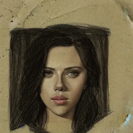 Image similar to a finished, detailed portrait sketch on parchment of a very young scarlett johansson, by leonardo davinci