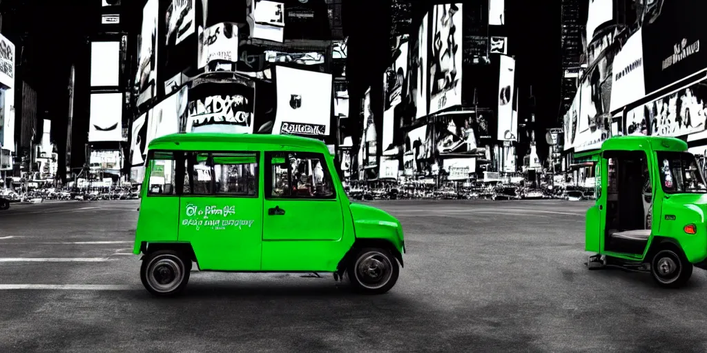 Prompt: a green tuk tuk in Times Square at night, moody, dramatic lighting, cinematic, matte painting, concept art, 4k