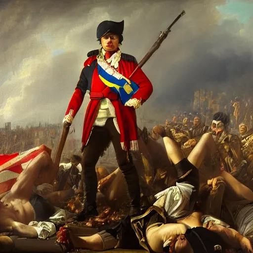 Image similar to an oil painting of Volodymyr Zelensky at war, dressed like Napoleon Bonaparte, his clothes are torn and dirty, he is sitting between corpses and weeping, holding a burnt flag of Ukraine, hyper realistic, hyper detailed, sharp focus, depth of field, High definition, 8k, by Benjamin West