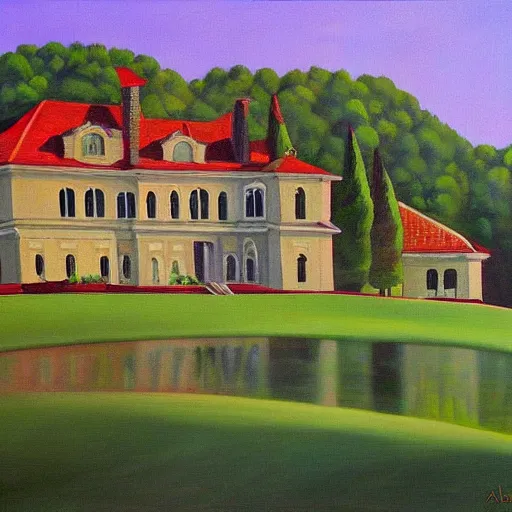 Prompt: a beautiful painting of a mansion in the serene landscape by Adam Paquette