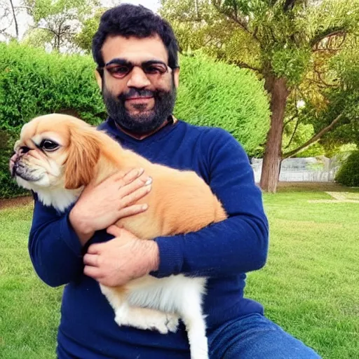 Image similar to a half persian man holding a dog