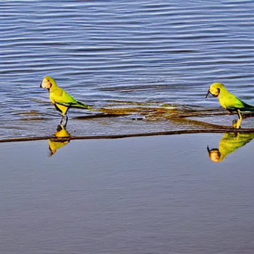 Image similar to lovebirds sitting in water, reflective, sunny day, landscape photography