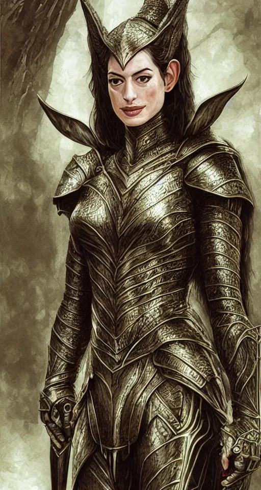 Image similar to Detailed painting of anne hathaway wearing elven armor by Ted Nasmith