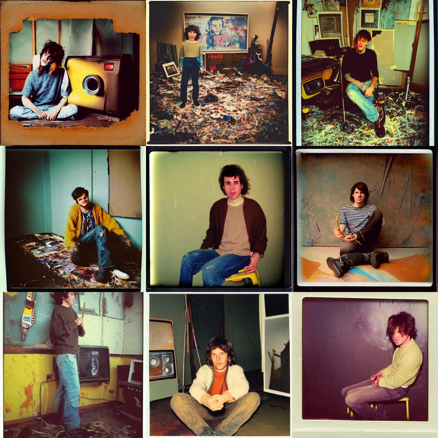 Prompt: instax polaroid film photo of a rock young man with messy medium length brown hair and a yellow sweater sitting on the floor in a vintage 80s artist studio interior, old wood floors, musical instruments and band posters, messy maximalist interior, warm, nostalgia, faded glow, expired film analog photography, grainy texturized dusty, saturated colorized