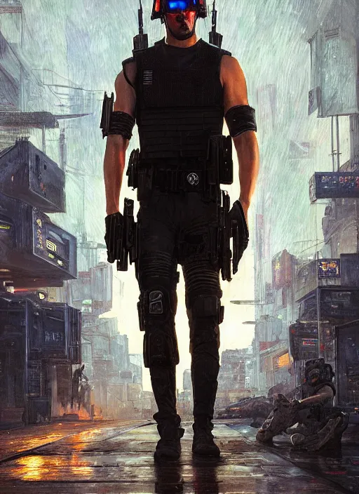 Prompt: cyberpunk police trooper in a military vest ( blade runner 2 0 4 9, cyberpunk 2 0 7 7 ). orientalist portrait by john william waterhouse and james gurney and theodore ralli and nasreddine dinet, oil on canvas. cinematic, hyper realism, realistic proportions, dramatic lighting, high detail 4 k