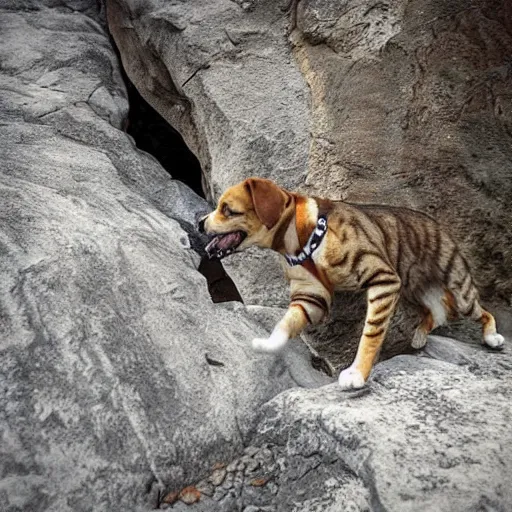 Image similar to realistic photo of a cat pushing a dog through a cliff.