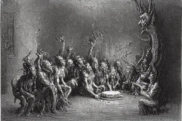 Prompt: demons eating cake, Gustave Dore lithography