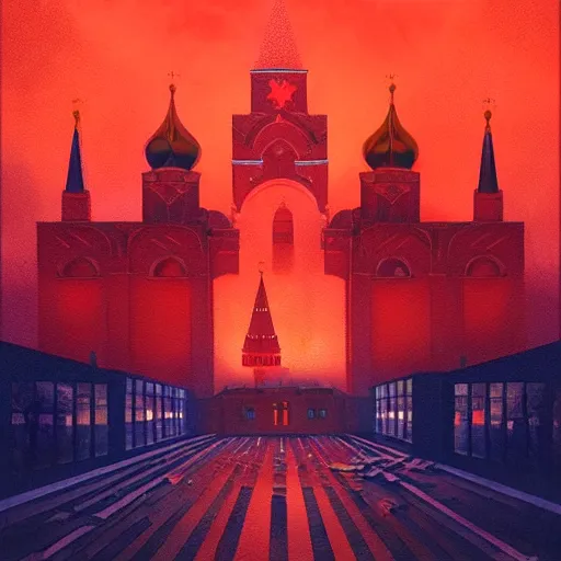 Image similar to a painting of a Red Square in Moscow in flame, a watercolor and matte painting by Beeple and RHADS and maxfield parrish, cgsociety, brutalism, dystopian art, sci-fi, artstation hq