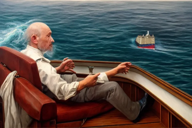 Image similar to ( ( a beautiful 8 k photorealistic masterpiece oil painting ) ( of ( a man lecturing on navigation while the ship is going down ) ) ( hyperrealism ) ( 1 6 k ) ( trending on artstation )