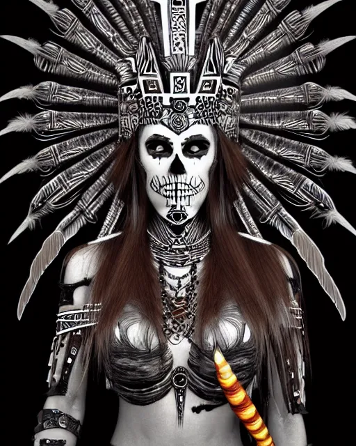 Image similar to character design, aztec warrior goddess with beautiful skull face, crown of very long feathers, full body, glowing aztec tattoos, beautiful, dark fantasy by hr giger