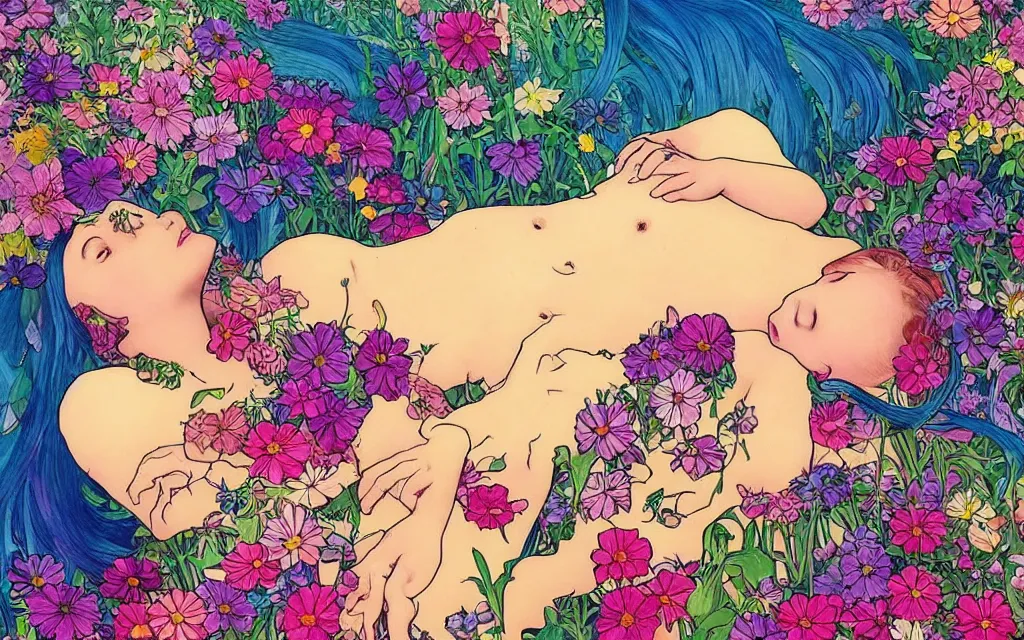 Image similar to daydream i dream of you amid the flowers for a couple of hours, such a beautiful day i dream a dirty dream of you baby you're crawling on the bathroom floor, in the style of lisa frank and alfons mucha