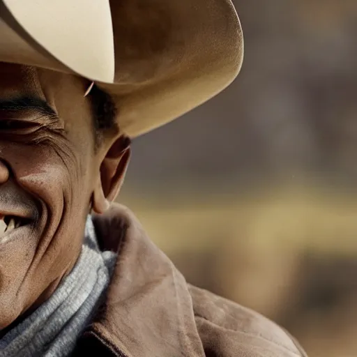 Image similar to Obama as a Cowboy, epic quality, sharp focus, western, movie still, 8k, yellow tint, dramatic,