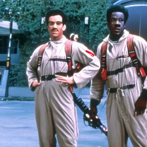 Prompt: young Eddie Murphy as a Ghostbuster in a still from the movie Ghostbusters 8k hdr