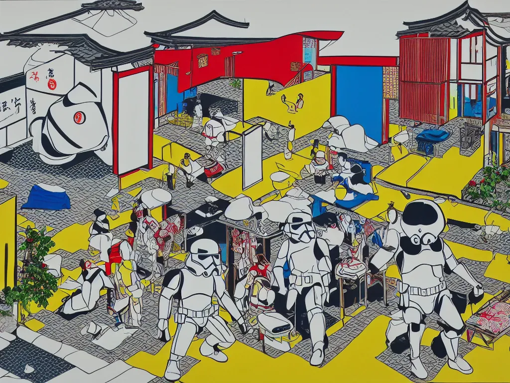 Image similar to hyperrealism composition of the japanese house with a hot springs onsen in the garden, two detailed stormtroopers in hot springs, pop - art style, jacky tsai style, andy warhol style, roy lichtenstein style, acrylic on canvas