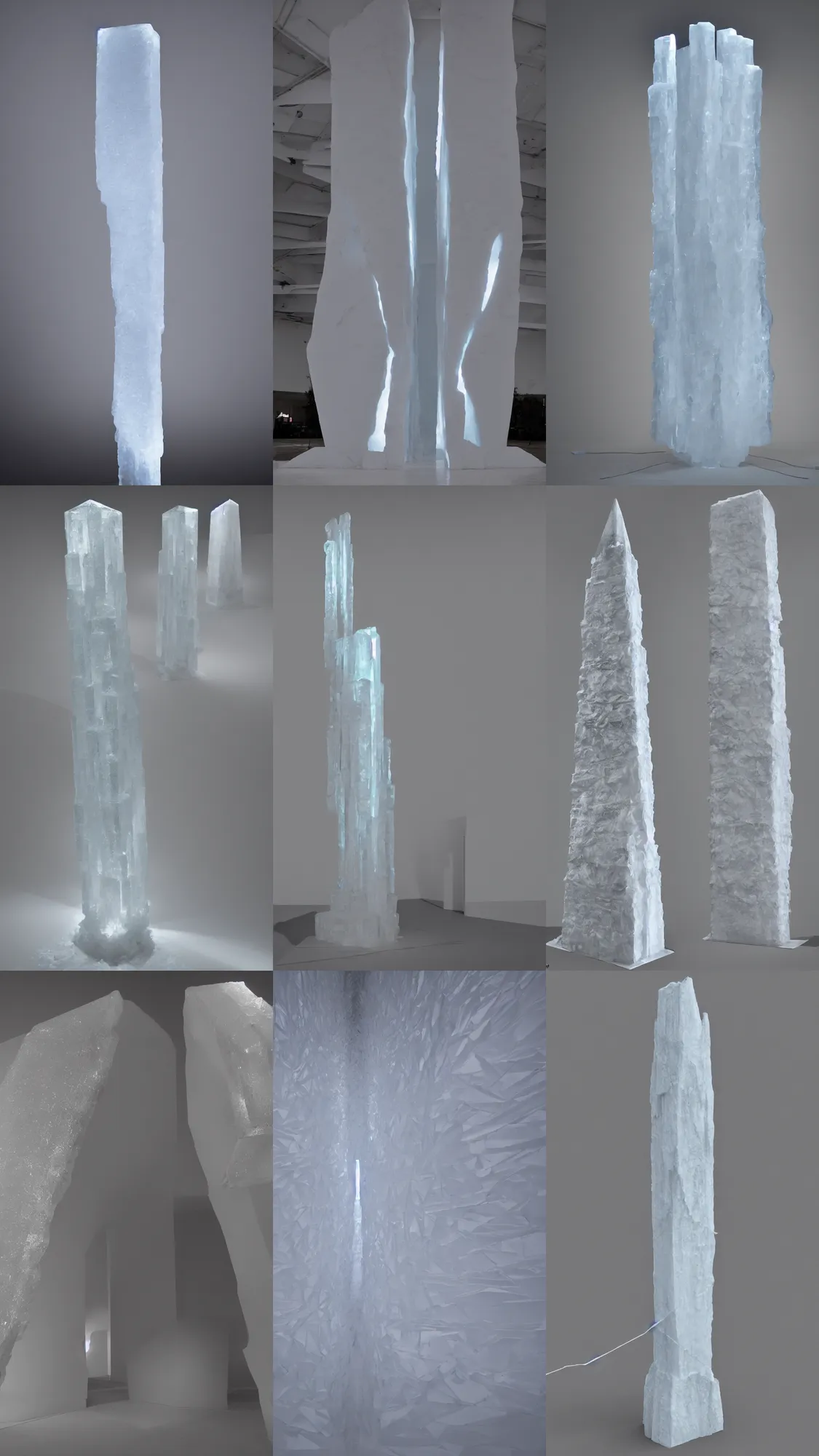 Prompt: ice obelisk of the void, soft lights, dreamed by lynda benglis and benedick bana, 4 k, 8 k