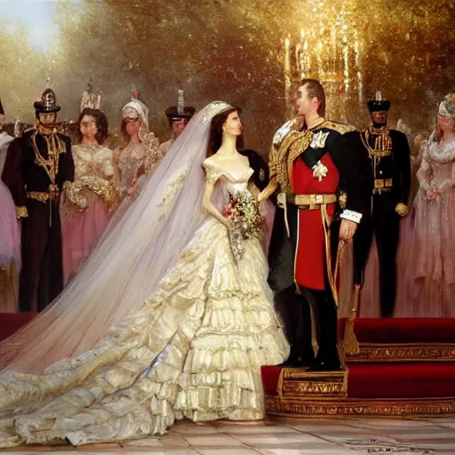 Image similar to the official painting of prince william and bella hadid's royal wedding, showing the skill of artists gaston bussiere, craig mullins, j. c. leyendecker 8 k, watercolor, royal painting, painting, traditional art, royal wedding