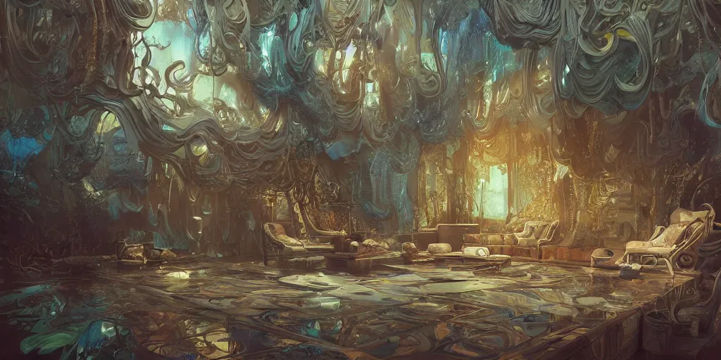 Prompt: a beautiful insanely detailed cel shaded vector art of a modern living room intricate detailed color smashing fluid oilpaint, 3 d render, hyper realistic detailed, melting wax, fluid acrilic, thin fractal tendrils, scifi, fantasy, hyper detailed, octane render, concept art, by peter mohrbacher, by wlop, by ruan jia
