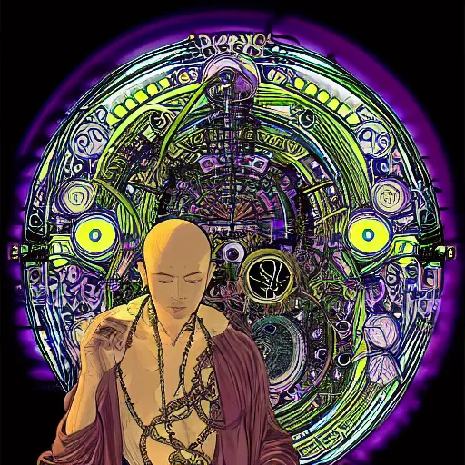 Prompt: technical illustration of a monk meditating in a neon lit ying yang, cyber punk forest, interconnected woven circuitry and cables, ornate details, stefan gesel, yoshitaka amano, alphonse mucha