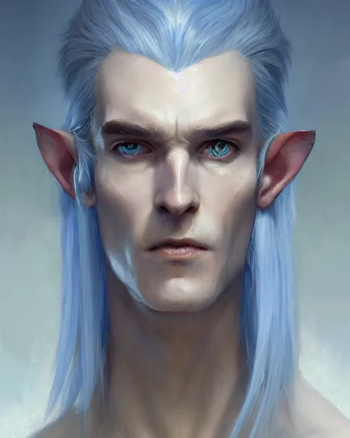 Image similar to character portrait of a slender half - elven man with white hair, piercing blue eyes and pale bluish skin, by greg rutkowski, mark brookes, jim burns, tom bagshaw, trending on artstation