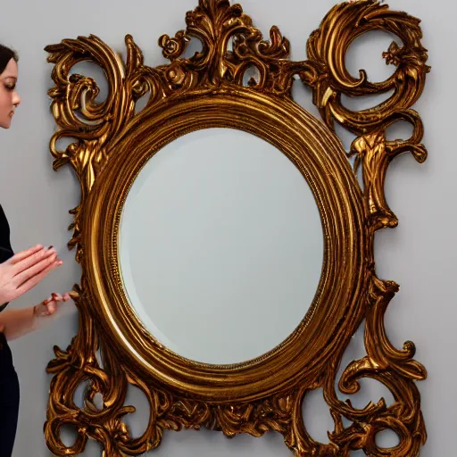 Image similar to professional direct photograph of an ornate mirror with photographer in the shot