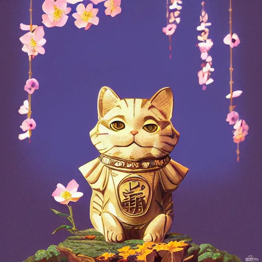 Prompt: A cute maneki neko waving, flowers around, D&D, fantasy, intricate, cinematic lighting, highly detailed, digital painting, artstation, concept art, smooth, sharp focus, illustration, art by Akihiko Yoshida, Greg Rutkowski and Alphonse Mucha