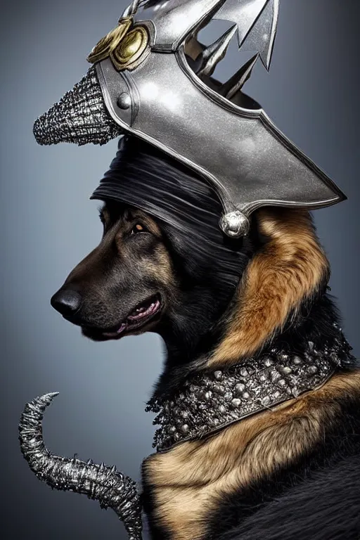 Image similar to donald trump knight wearing a real german shepherd on his head, armor designed by wayne barlowe, swarovski and tiffany, blonde hair, symmetry, sci - fi, cinematic, elegant, luxury, perfect light, perfect composition, dlsr photography, sharp focus, dark fantasy, 8 k, ultra hd, sense of awe, highly detailed, realistic, intricate