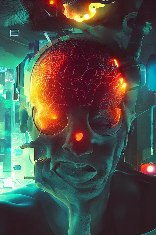 Prompt: an incredible digital art painting of brains synapses firing, beeple and jean giraud, abstract conceptual, metaphysical, cinema 4 d, octane render, cyberpunk theme