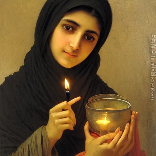 Prompt: a Pakistani woman holding a candle, painting by William Adolphe Bouguereau