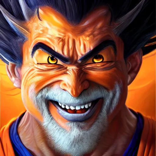 Image similar to beautiful hyperrealistic detailed matte portrait painting of happy goku, by andreas rocha and john howe, and martin johnson