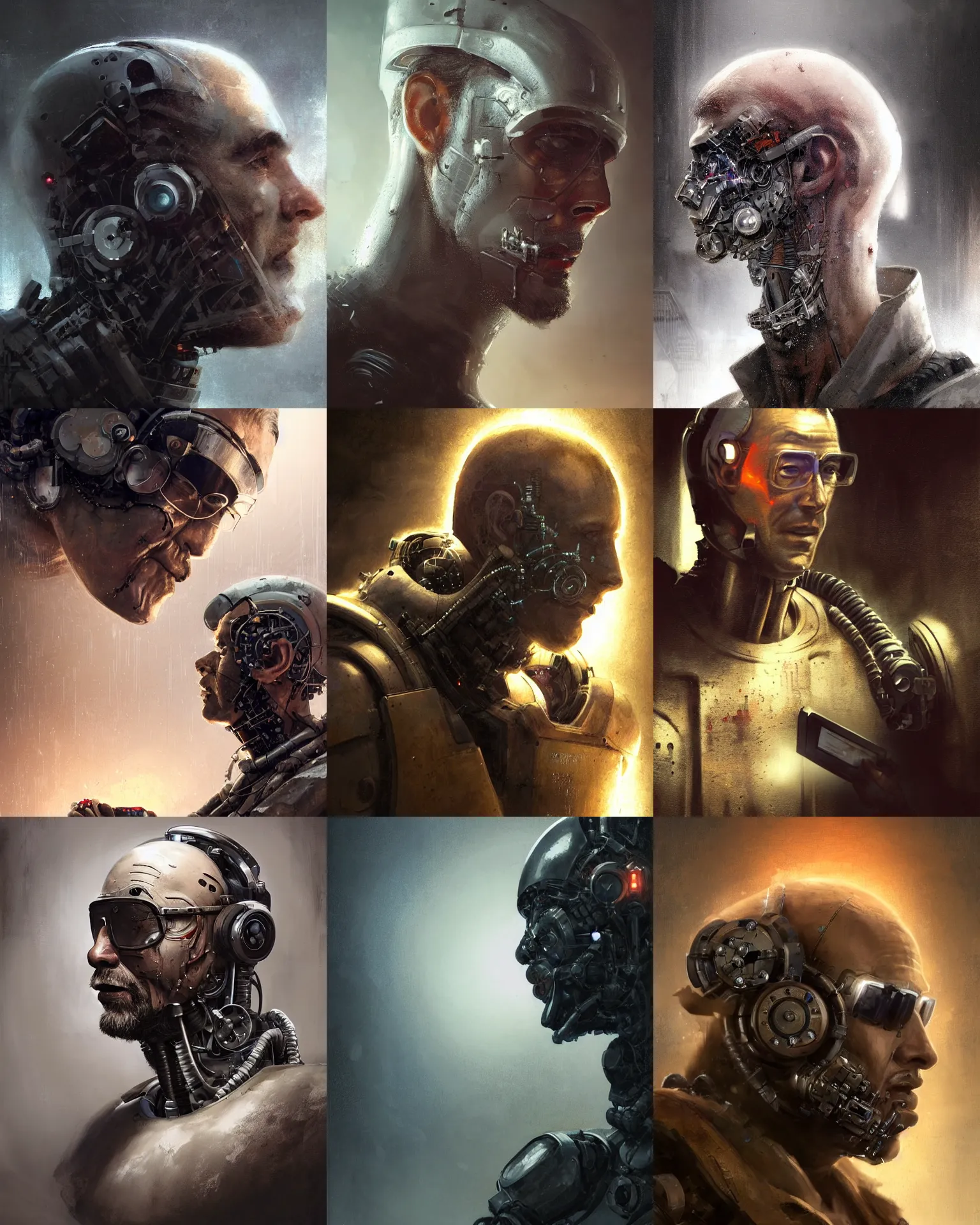Image similar to a half - masked rugged laboratory engineer man with cybernetic enhancements as seen from a distance, scifi character portrait by greg rutkowski, craig mullins, daytoner, 1 / 4 headshot, cinematic lighting, dystopian scifi gear, gloomy, profile picture, mechanical, cyborg, half robot, implants, dieselpunk